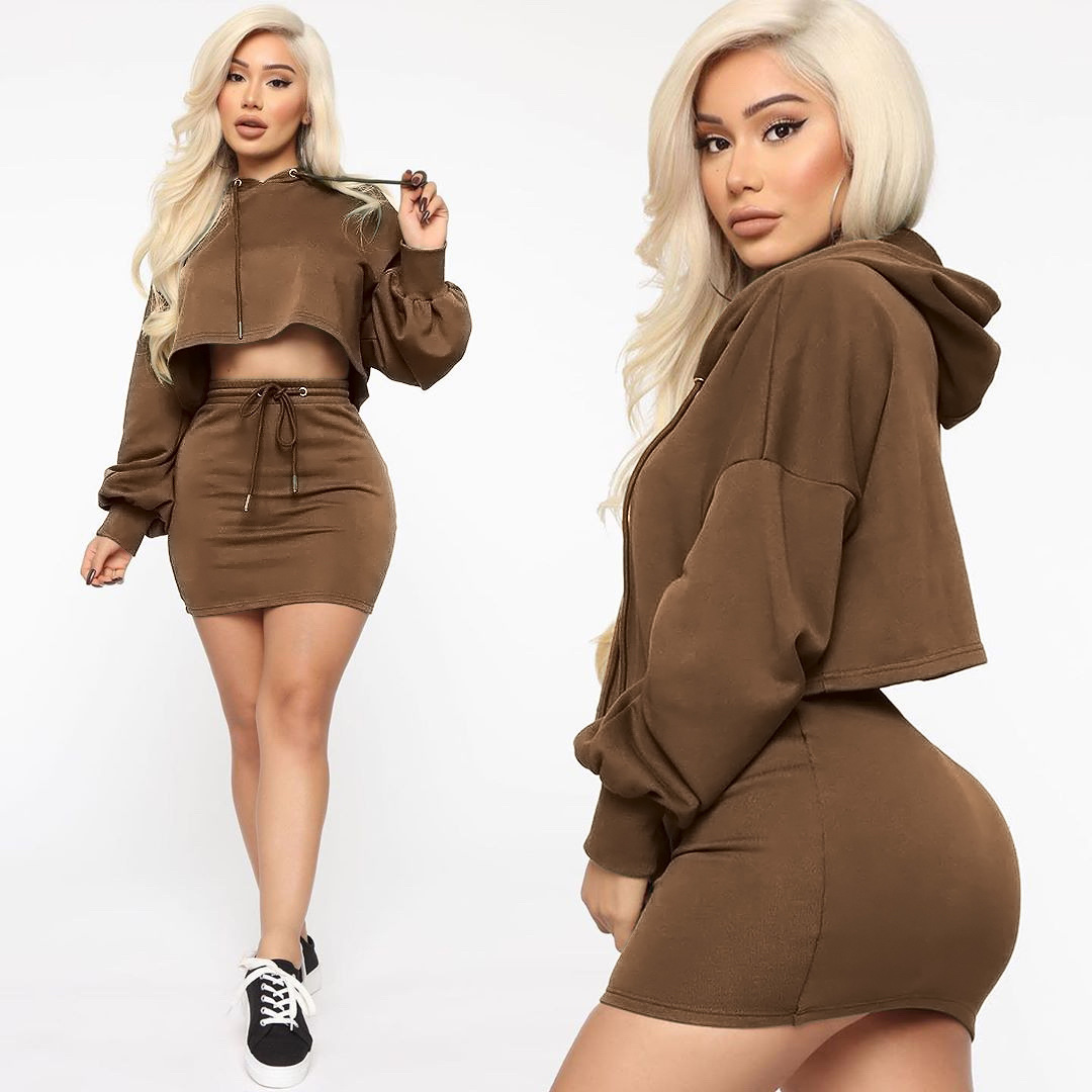 Fashion solid crop hooded hoodie casual women clothing two piece short skirt set