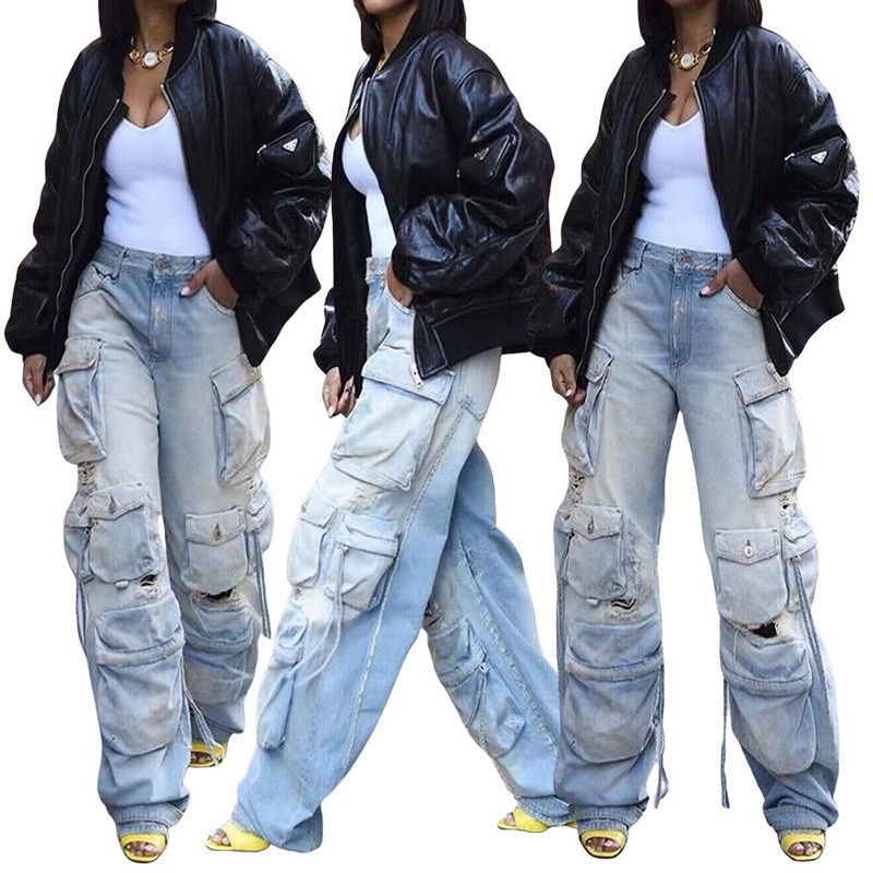 wholesale stacked cargo pants women high quality 6 pocket tactical women's jeans cargo pants ladies baggy pants for women