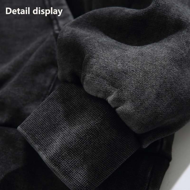 high quality custom printed label heavy hoodie vintage wash black hoodie with side pockets