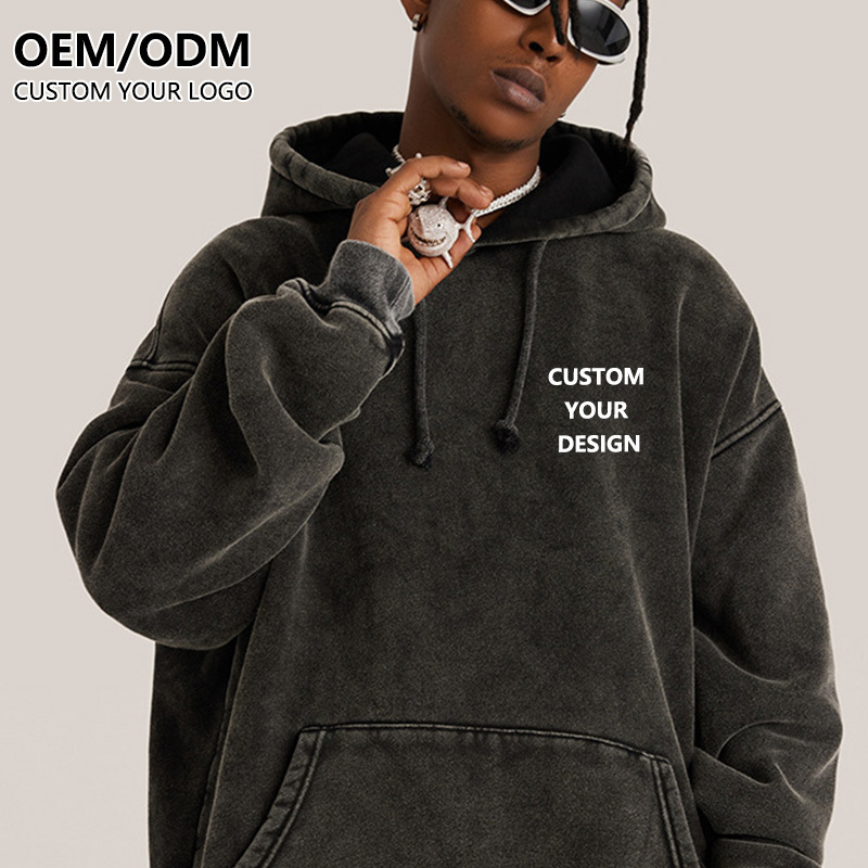 high quality custom printed label heavy hoodie vintage wash black hoodie with side pockets