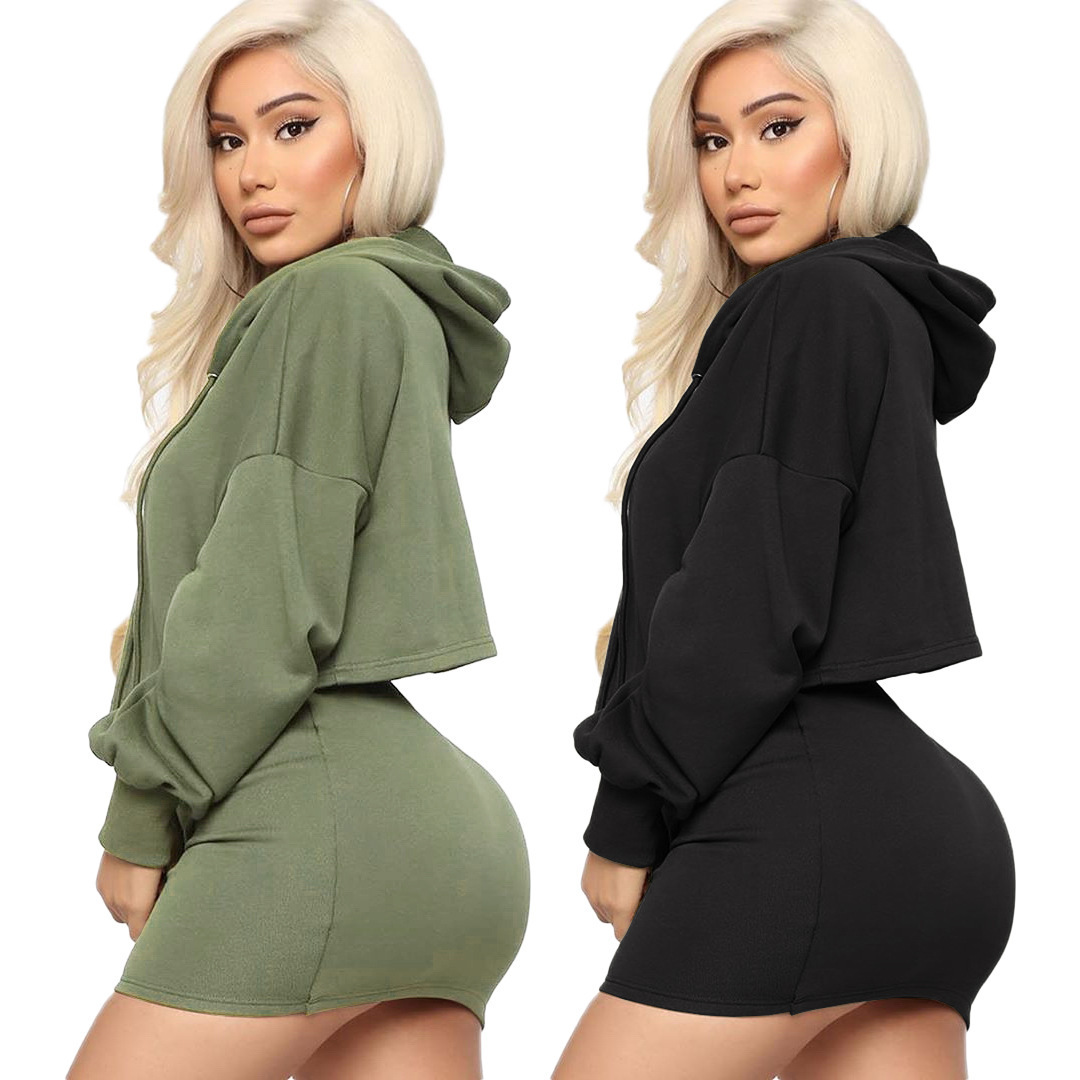 Fashion solid crop hooded hoodie casual women clothing two piece short skirt set