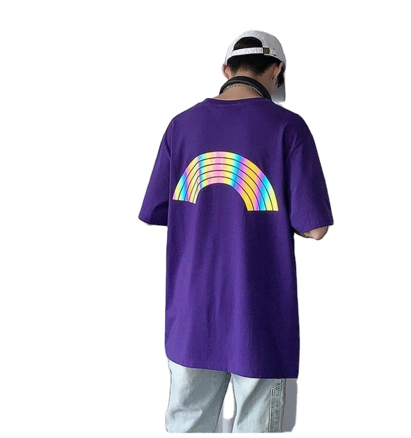 wholesale Custom Reflective Holographic Printing T-shirt 100% Cotton Short Sleeve Rainbow Reflective Graphic Tees