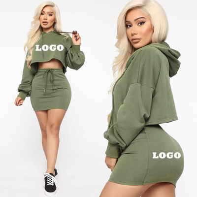 Fashion solid crop hooded hoodie casual women clothing two piece short skirt set