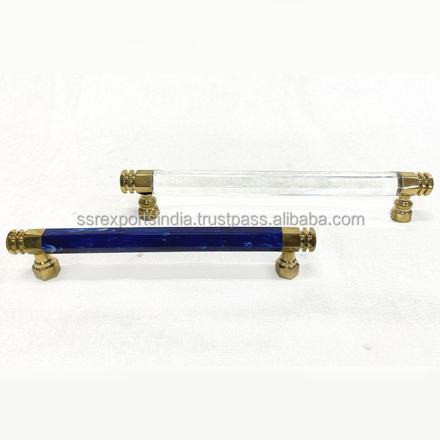 Modern design MOP door handle handmade top furniture decorate acrylic Bathroom Cabinet Handle with Satin Brass Base