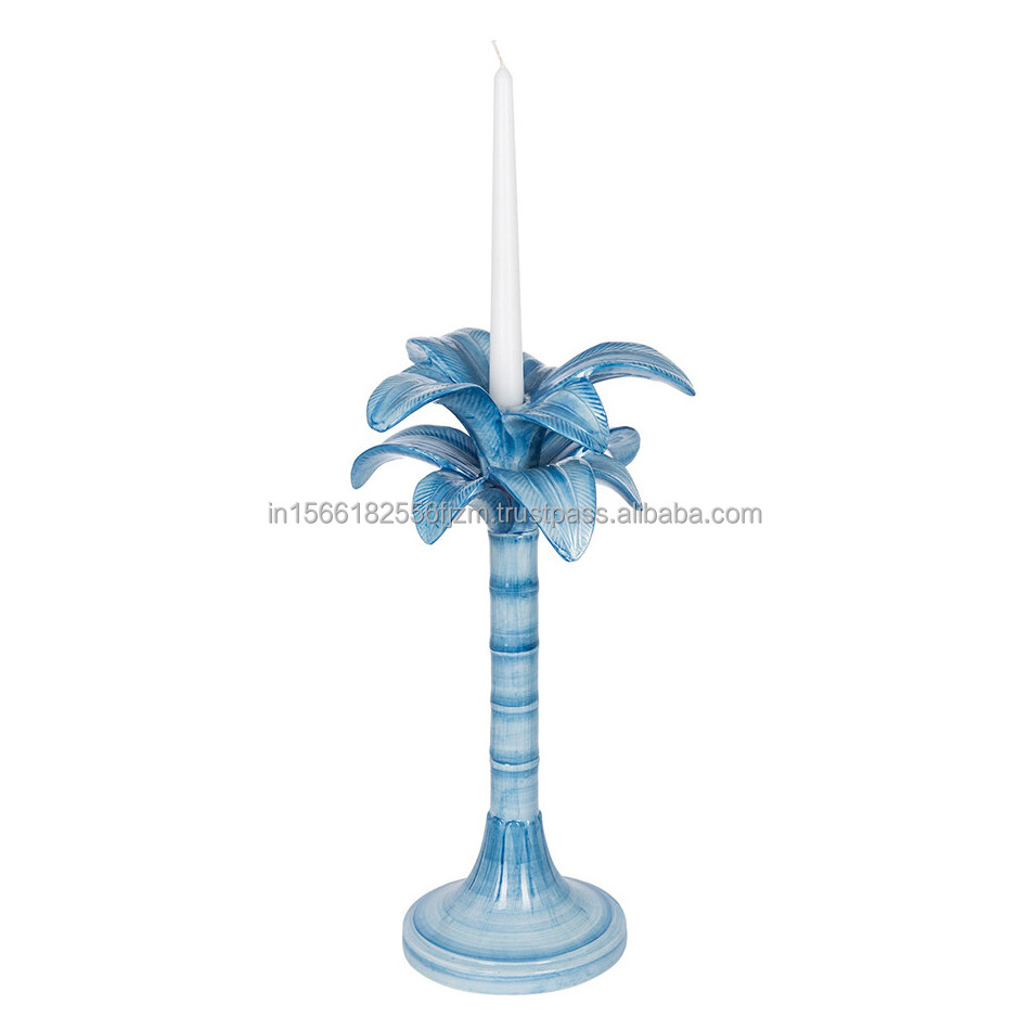 Custom table centerpiece ceramic Blue detailed 3D plant candle stand porcelain exquisite lifelike palm tree candlestick holder