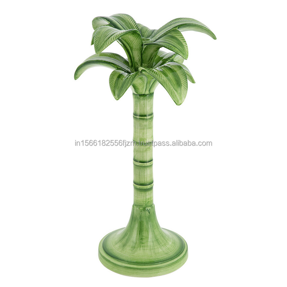 Custom table centerpiece ceramic Blue detailed 3D plant candle stand porcelain exquisite lifelike palm tree candlestick holder