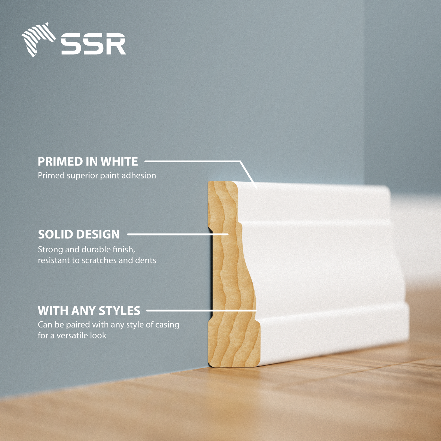 SSR VINA - Base Board - white pine primed board skirting moulding custom baseboard moulding for home diy decorations