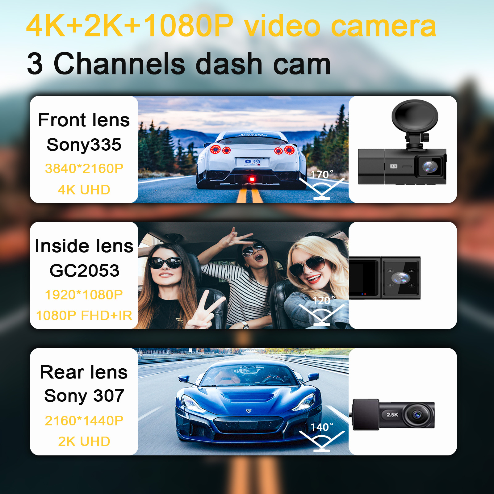 2 inches car camera dashcam 3 lens hd 4k car dvr 3 way dash cam with with night vision 4k wifi gps 3 channel dash cam 4k 3 lens