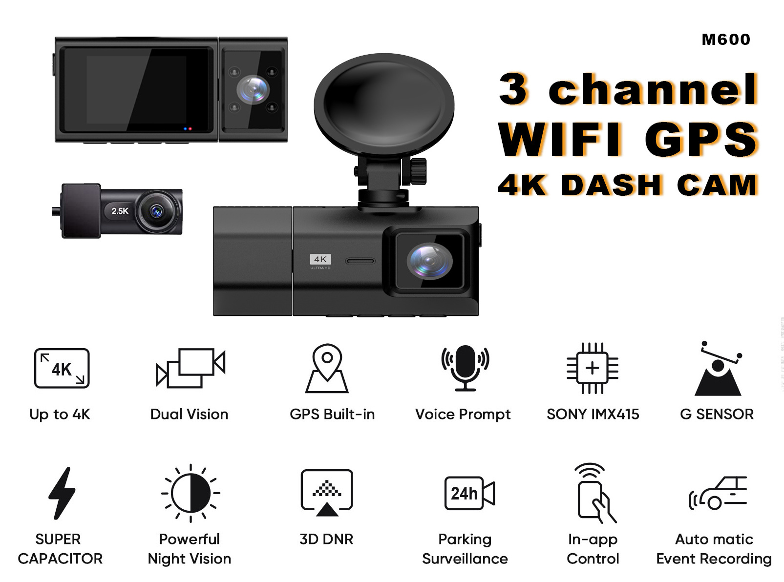 2 inches car camera dashcam 3 lens hd 4k car dvr 3 way dash cam with with night vision 4k wifi gps 3 channel dash cam 4k 3 lens