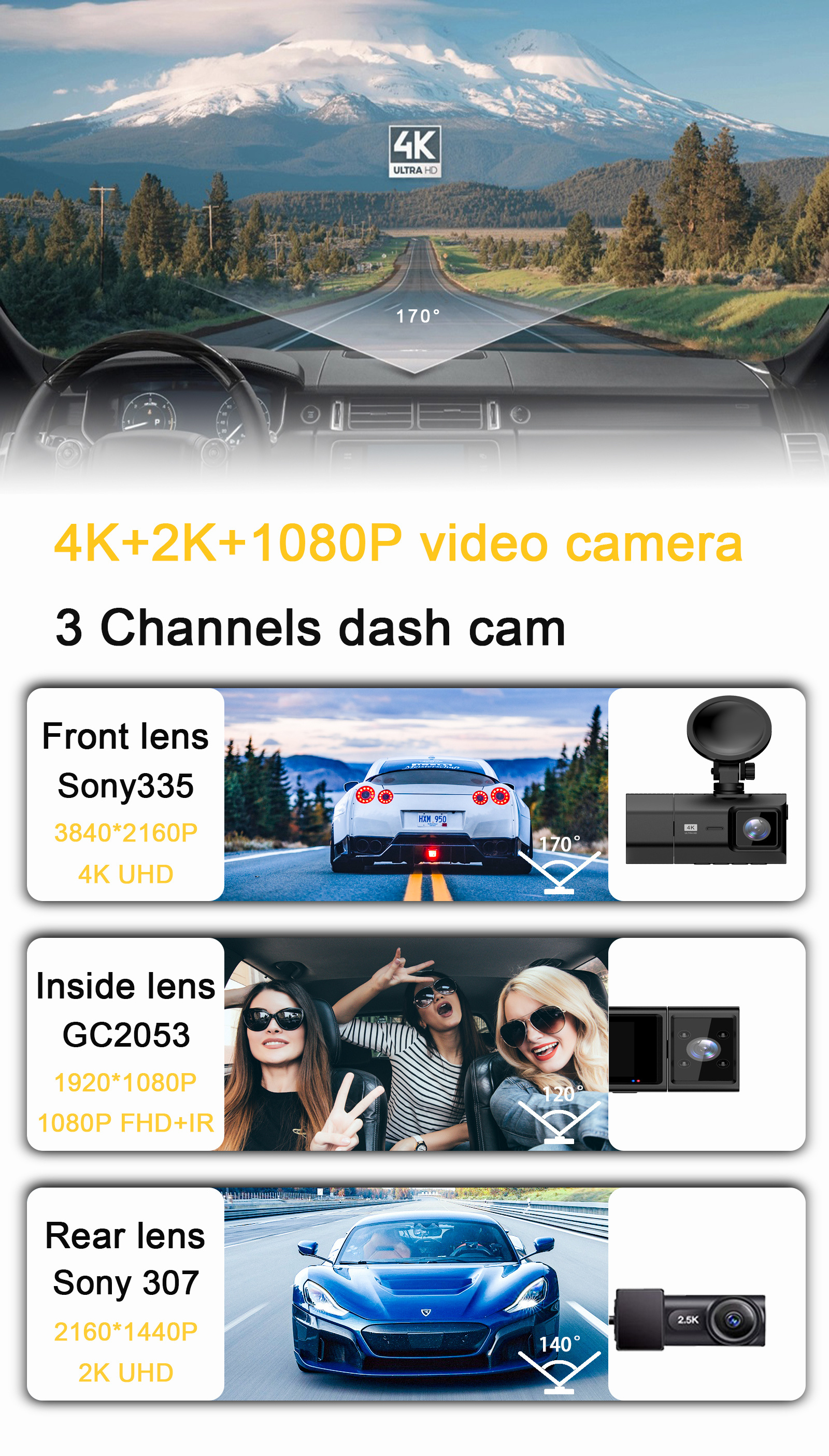 2 inches car camera dashcam 3 lens hd 4k car dvr 3 way dash cam with with night vision 4k wifi gps 3 channel dash cam 4k 3 lens