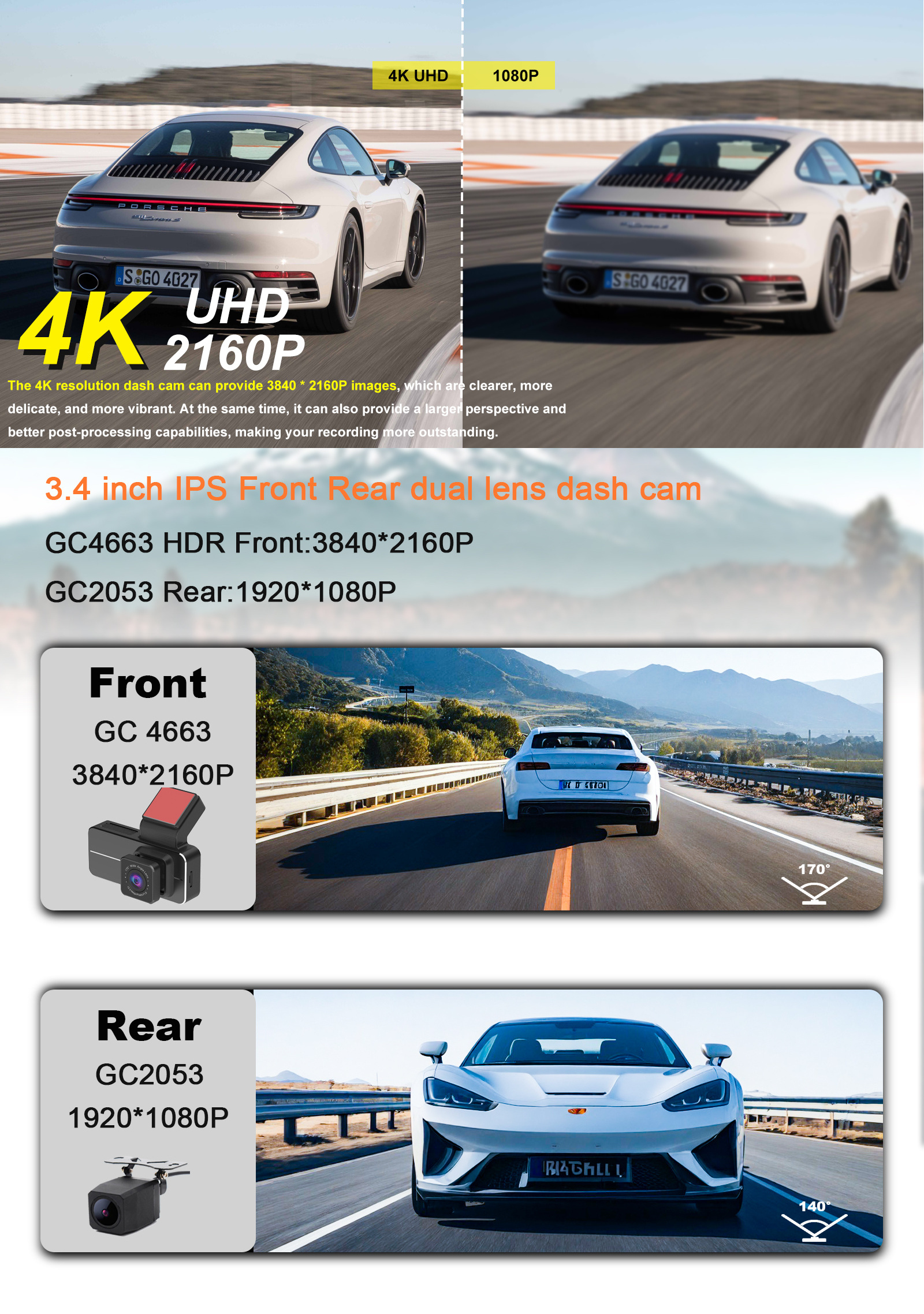 New 4k dash cam front and rear dual lens 4k+1080p dashboard camera dash camera wifi gps 4k dashcam doble camara 4k dash cam