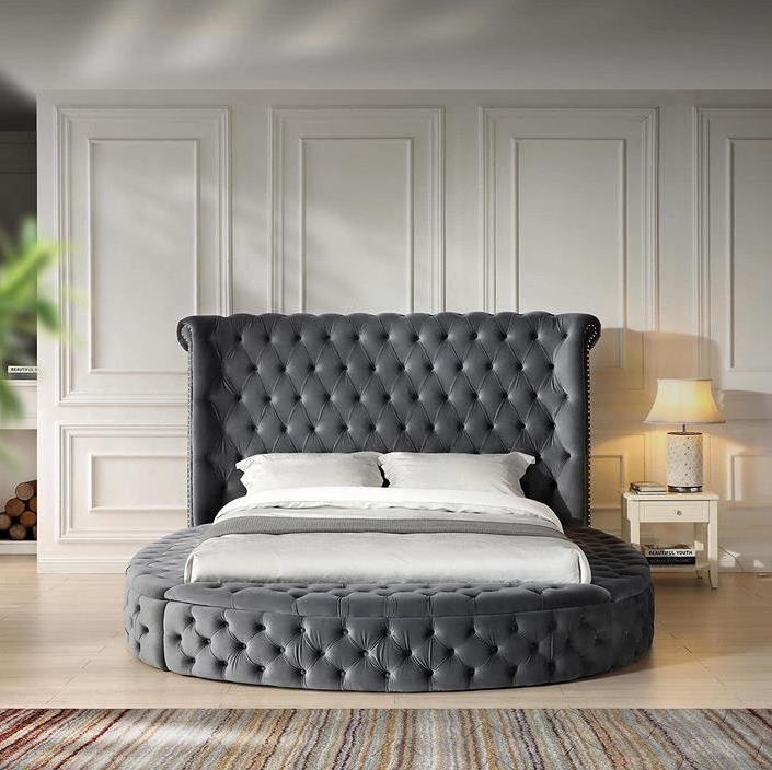 Deep Button Tufted Velvet Upholstery Round Storage Bed Luxury Good Quality Storage Beds in Gray Color