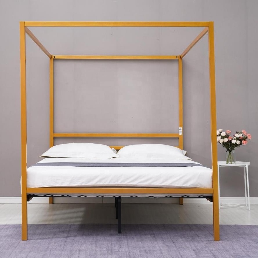 Modern Popular Double King Golden Iron Metal Canopy Bed Frame with Factory Low prices Strong Steel 4 Posts Beds