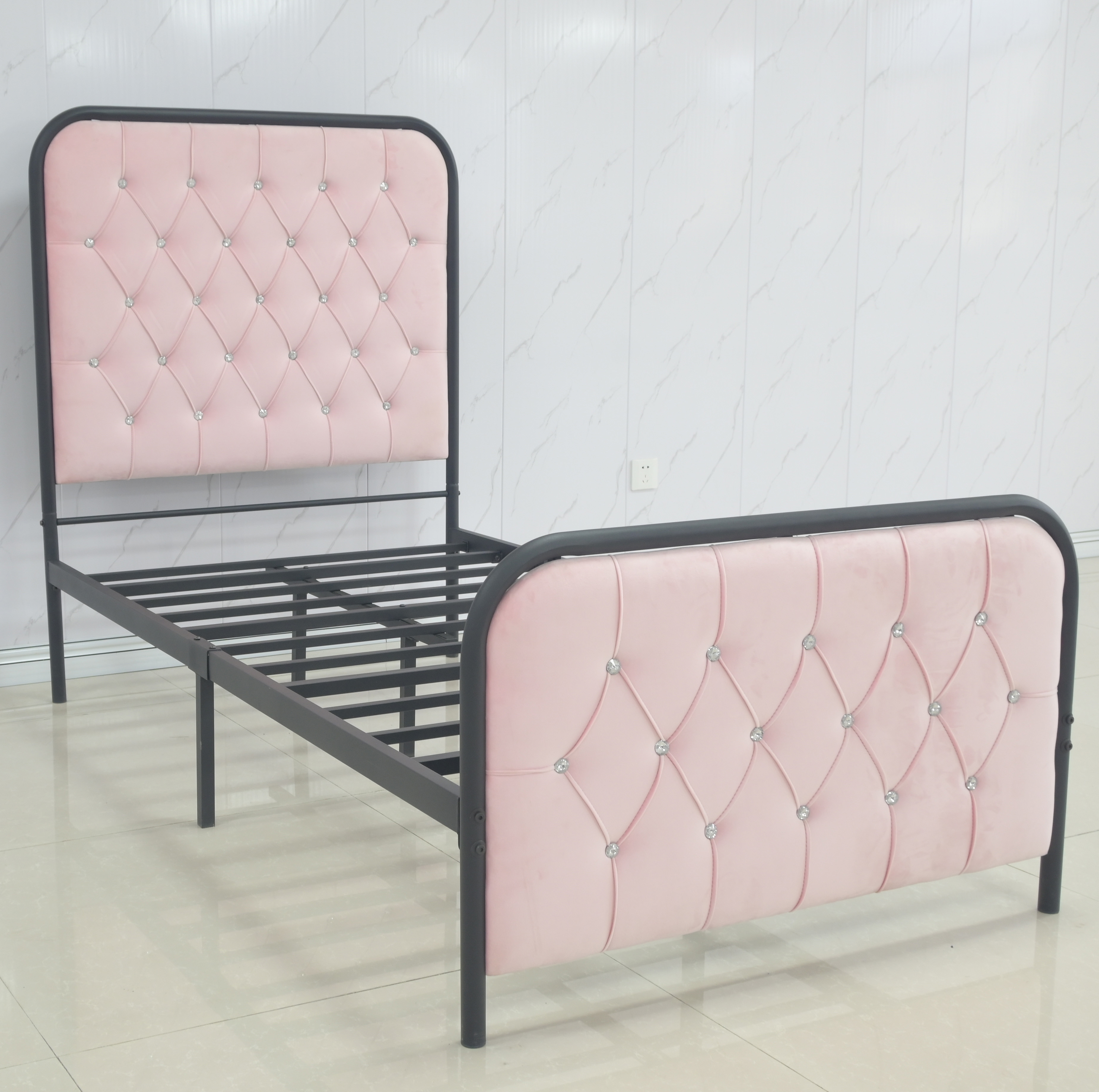 Pink Diamond Button Tufted Upholstered Bed Head Metal Bed Frame Double Queen Size Soft Headboard Metal Beds for girls