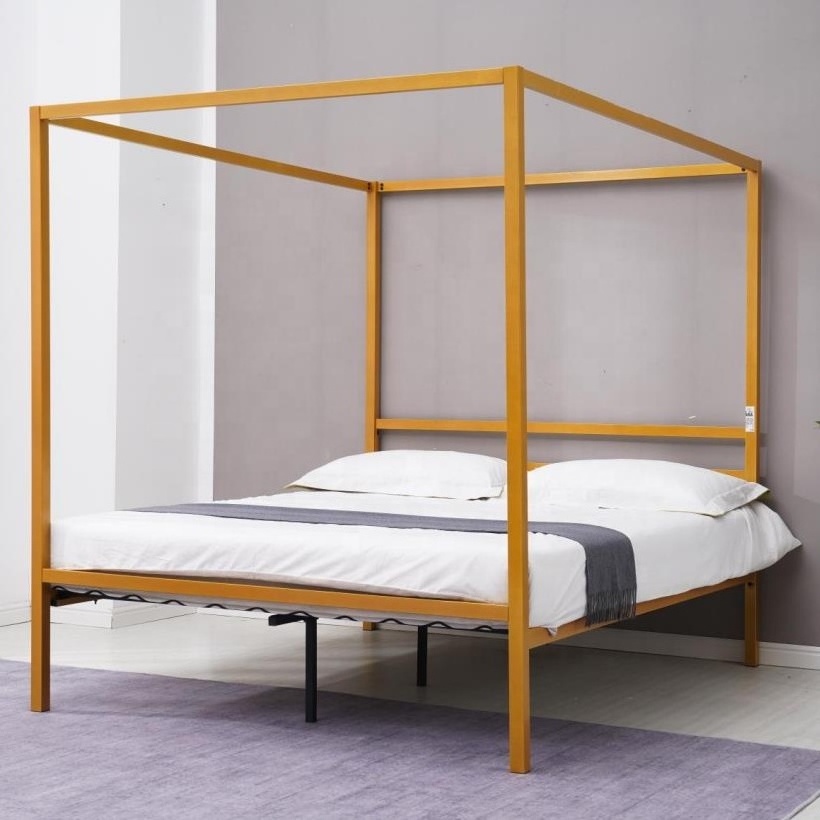 Modern Popular Double King Golden Iron Metal Canopy Bed Frame with Factory Low prices Strong Steel 4 Posts Beds