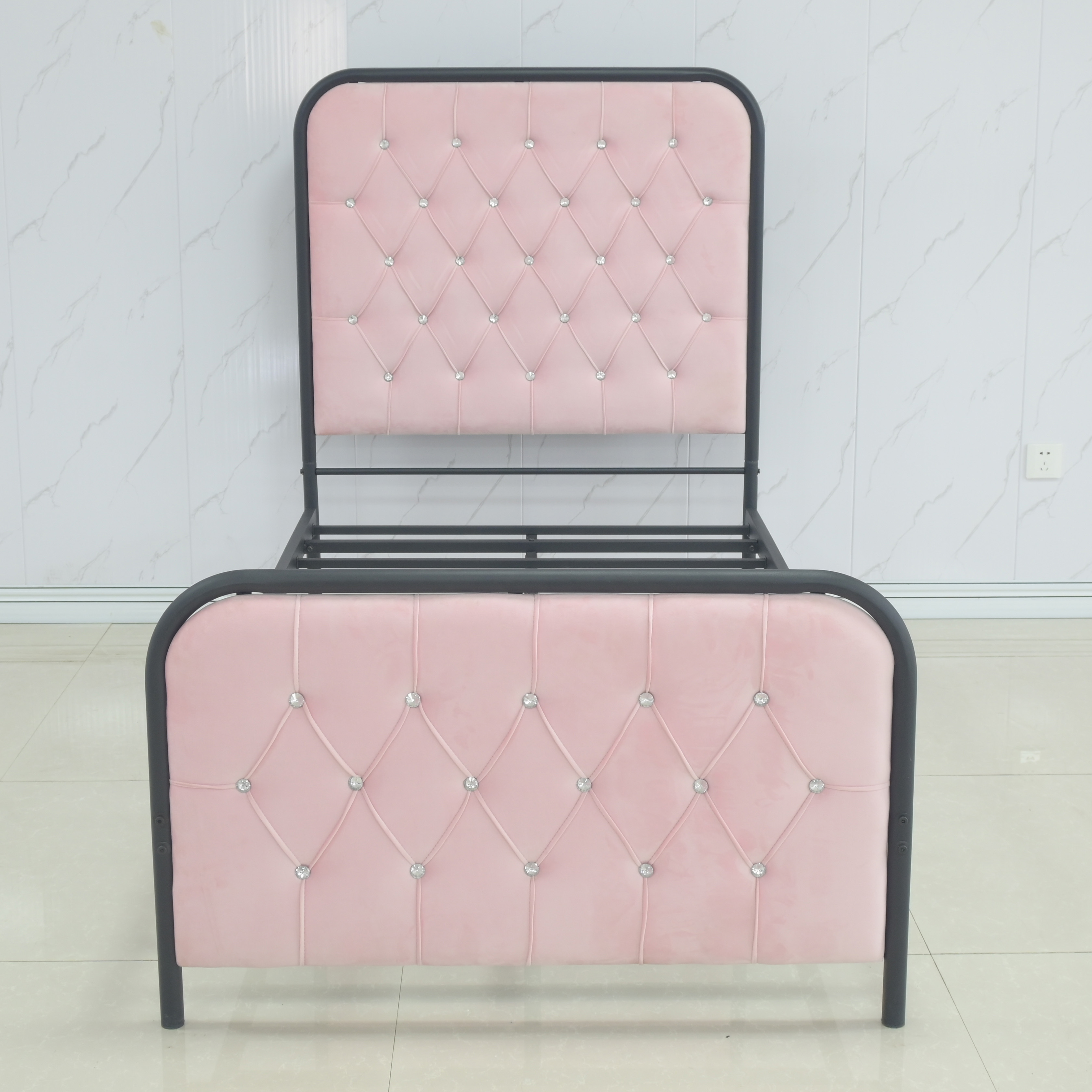 Pink Diamond Button Tufted Upholstered Bed Head Metal Bed Frame Double Queen Size Soft Headboard Metal Beds for girls