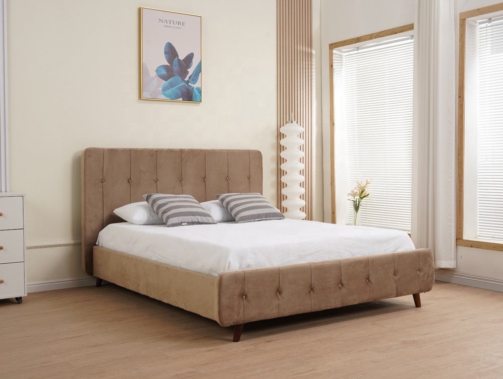 Upholstered Bed Bedroom Home Furniture Wooden Frame Beds Beige Velvet Adhesive Headboard for bed box