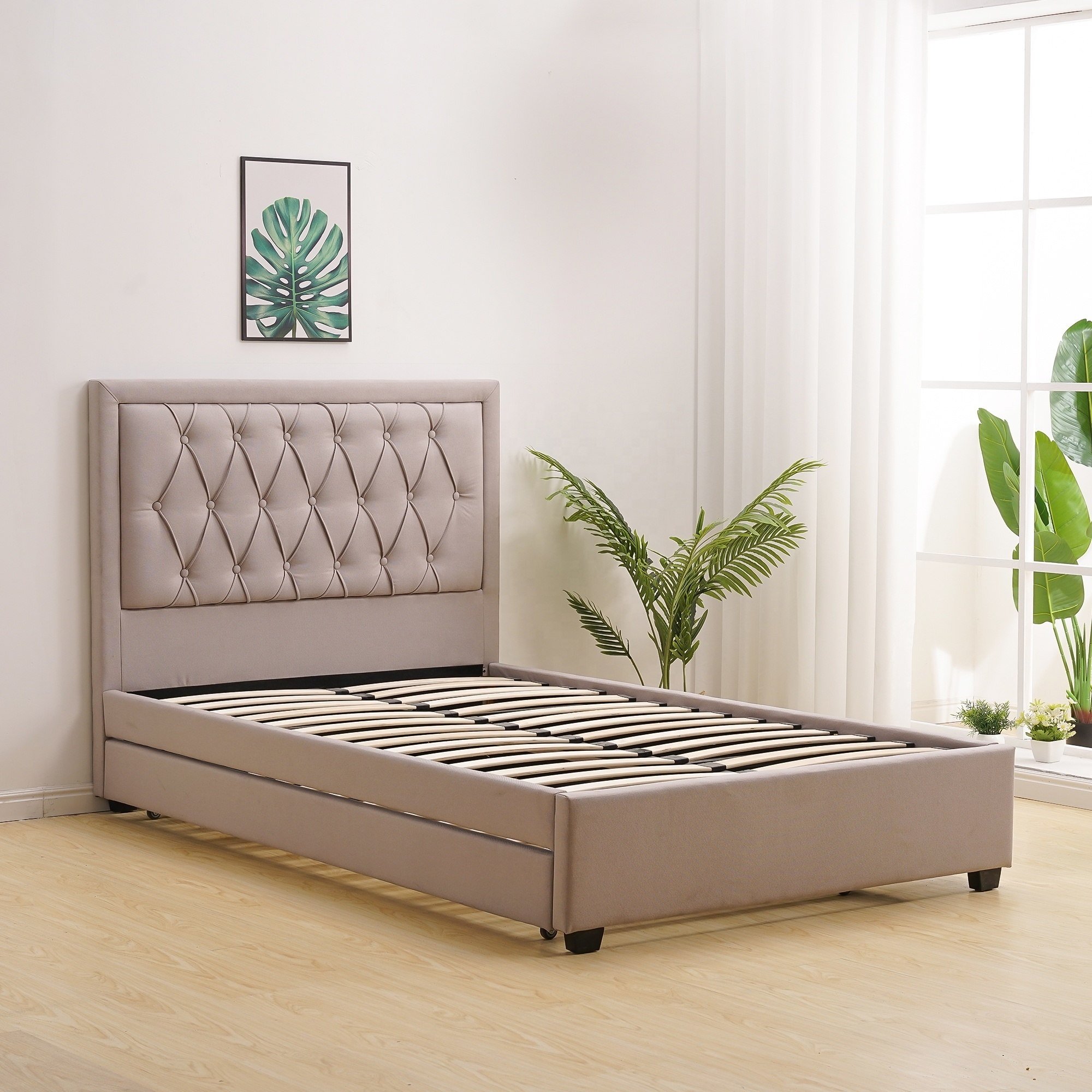 Latest Modern Bedroom Furniture Upholstery Tufted Beds with Foldable Trundle  in Queen King Size