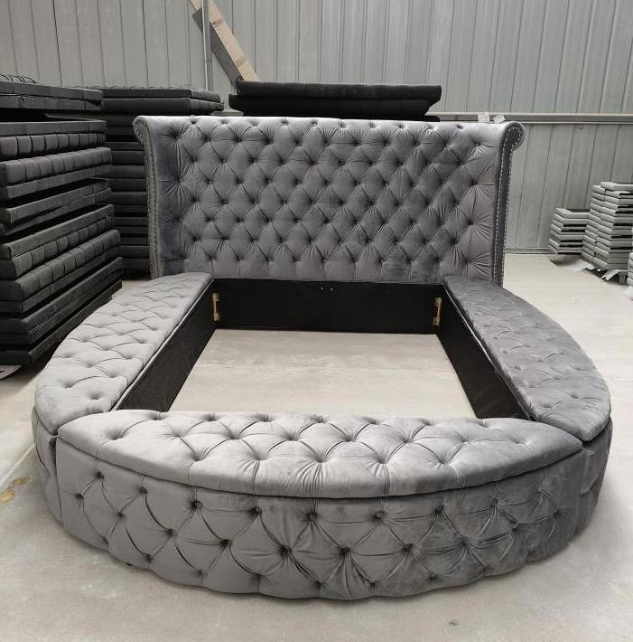 Deep Button Tufted Velvet Upholstery Round Storage Bed Luxury Good Quality Storage Beds in Gray Color