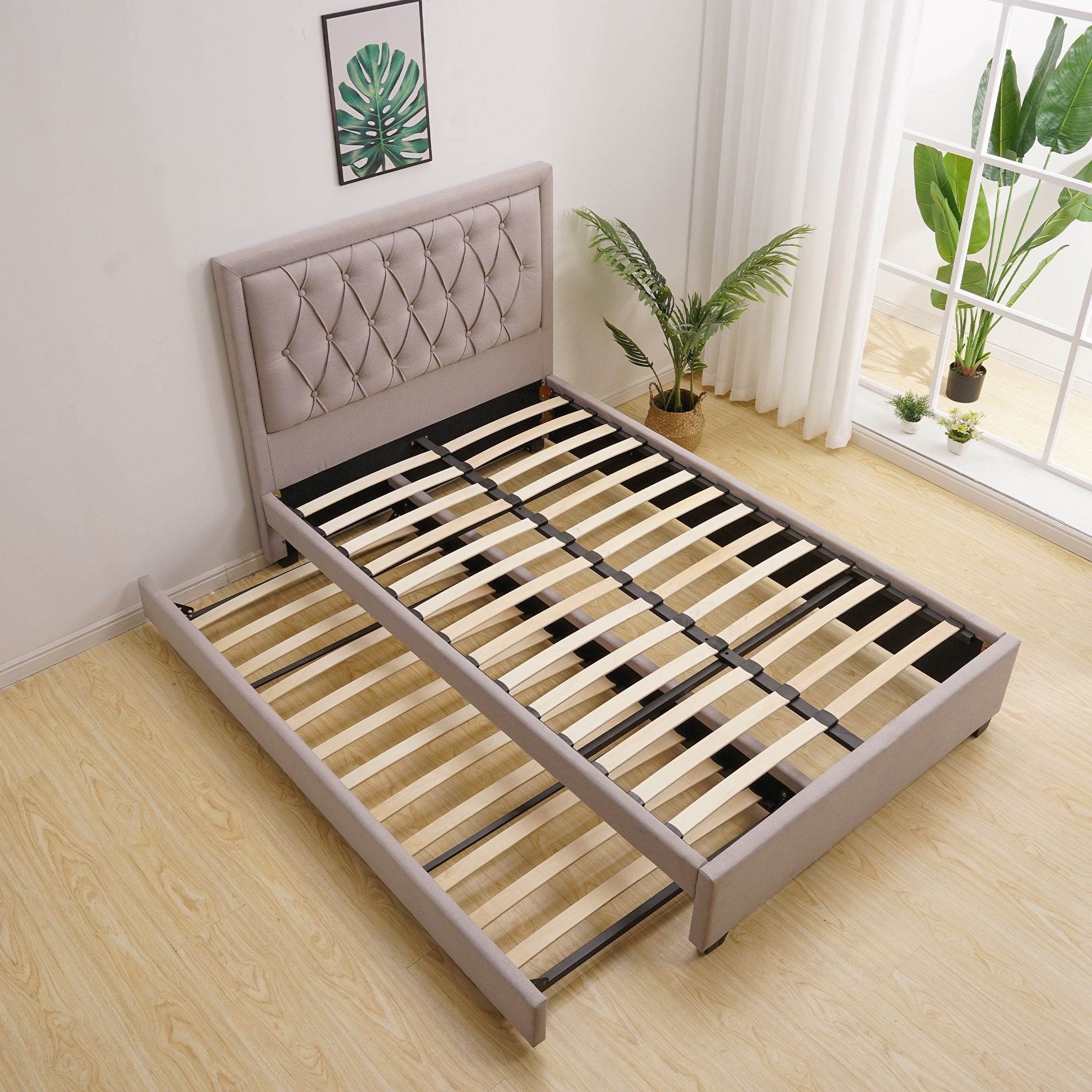 Latest Modern Bedroom Furniture Upholstery Tufted Beds with Foldable Trundle in Queen King Size BestSuppliers