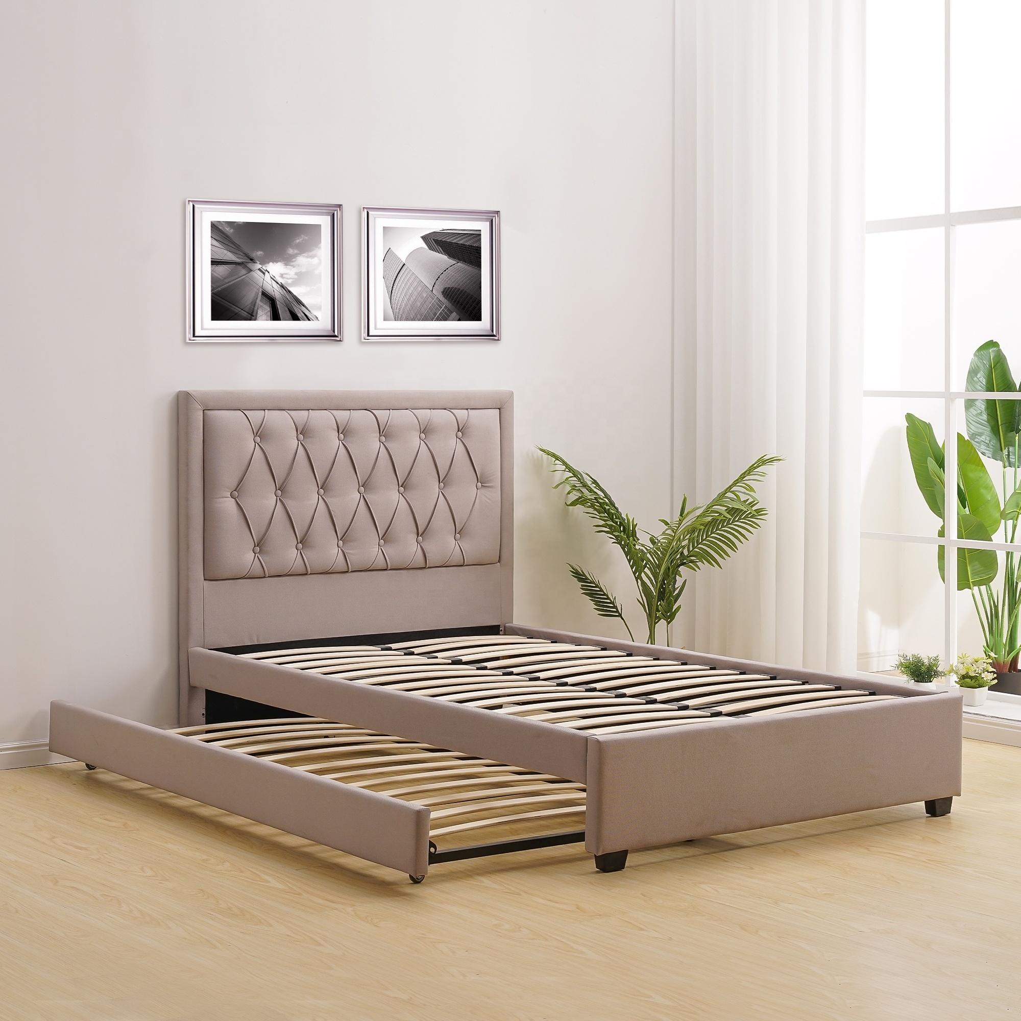 Latest Modern Bedroom Furniture Upholstery Tufted Beds with Foldable Trundle  in Queen King Size