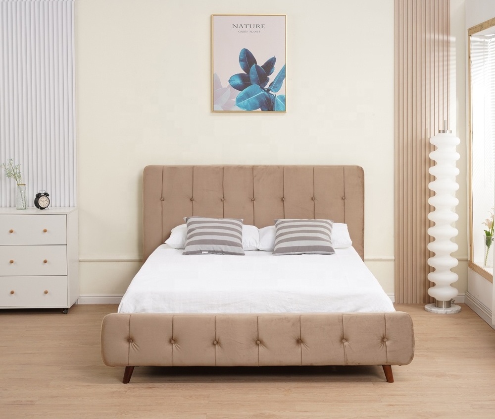 Upholstered Bed Bedroom Home Furniture Wooden Frame Beds Beige Velvet Adhesive Headboard for bed box