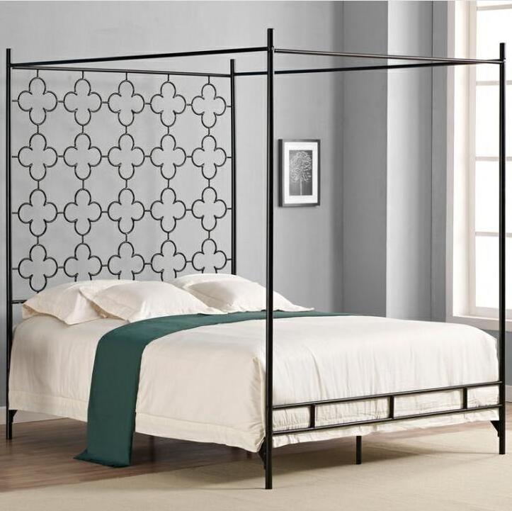 Latest Design Stylish Four 4 Poster Iron Metal Canopy Beds Black Heavy Duty Platform Frames With Canopy Top