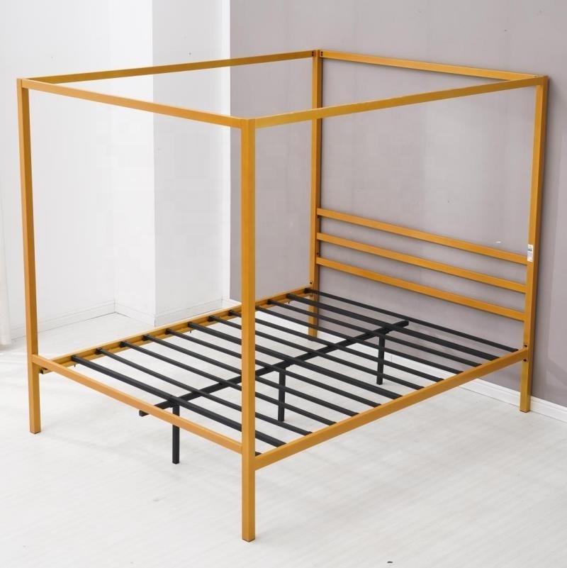 Modern Popular Double King Golden Iron Metal Canopy Bed Frame with Factory Low prices Strong Steel 4 Posts Beds