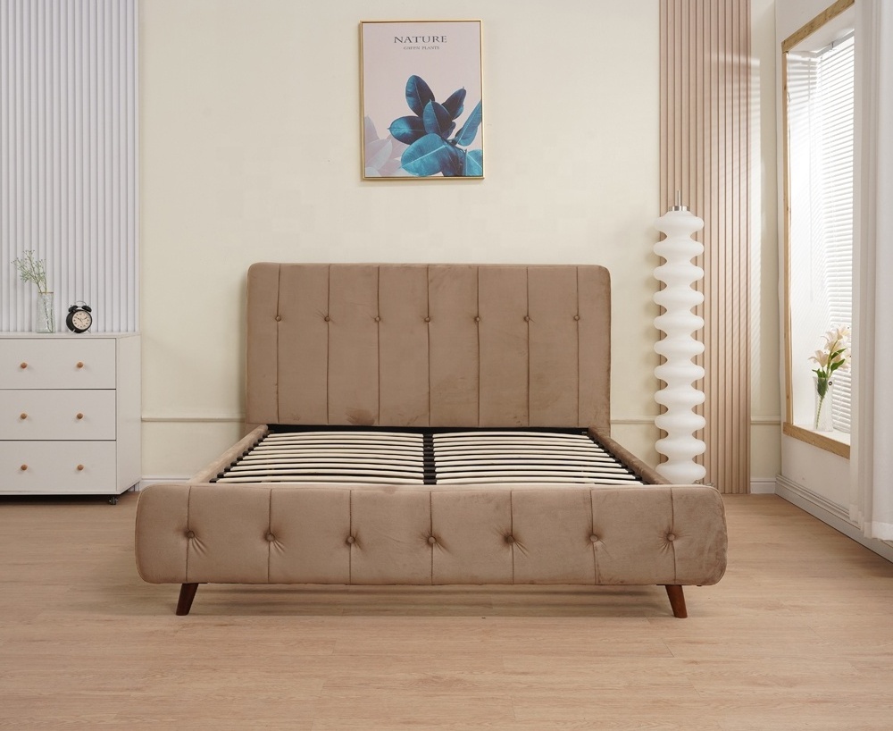 Upholstered Bed Bedroom Home Furniture Wooden Frame Beds Beige Velvet Adhesive Headboard for bed box