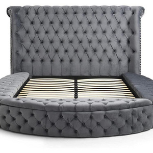 Deep Button Tufted Velvet Upholstery Round Storage Bed Luxury Good Quality Storage Beds in Gray Color