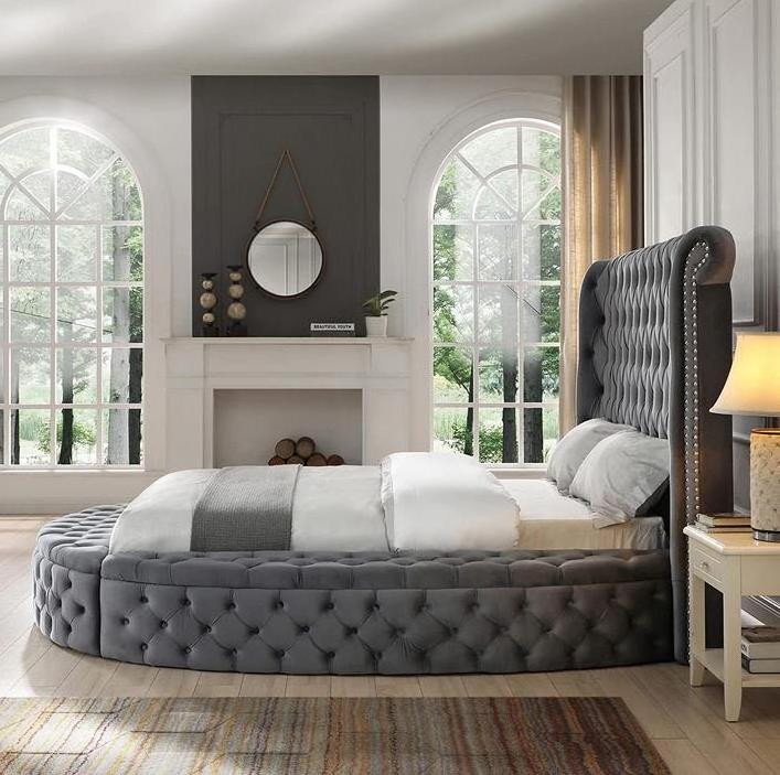 Deep Button Tufted Velvet Upholstery Round Storage Bed Luxury Good Quality Storage Beds in Gray Color