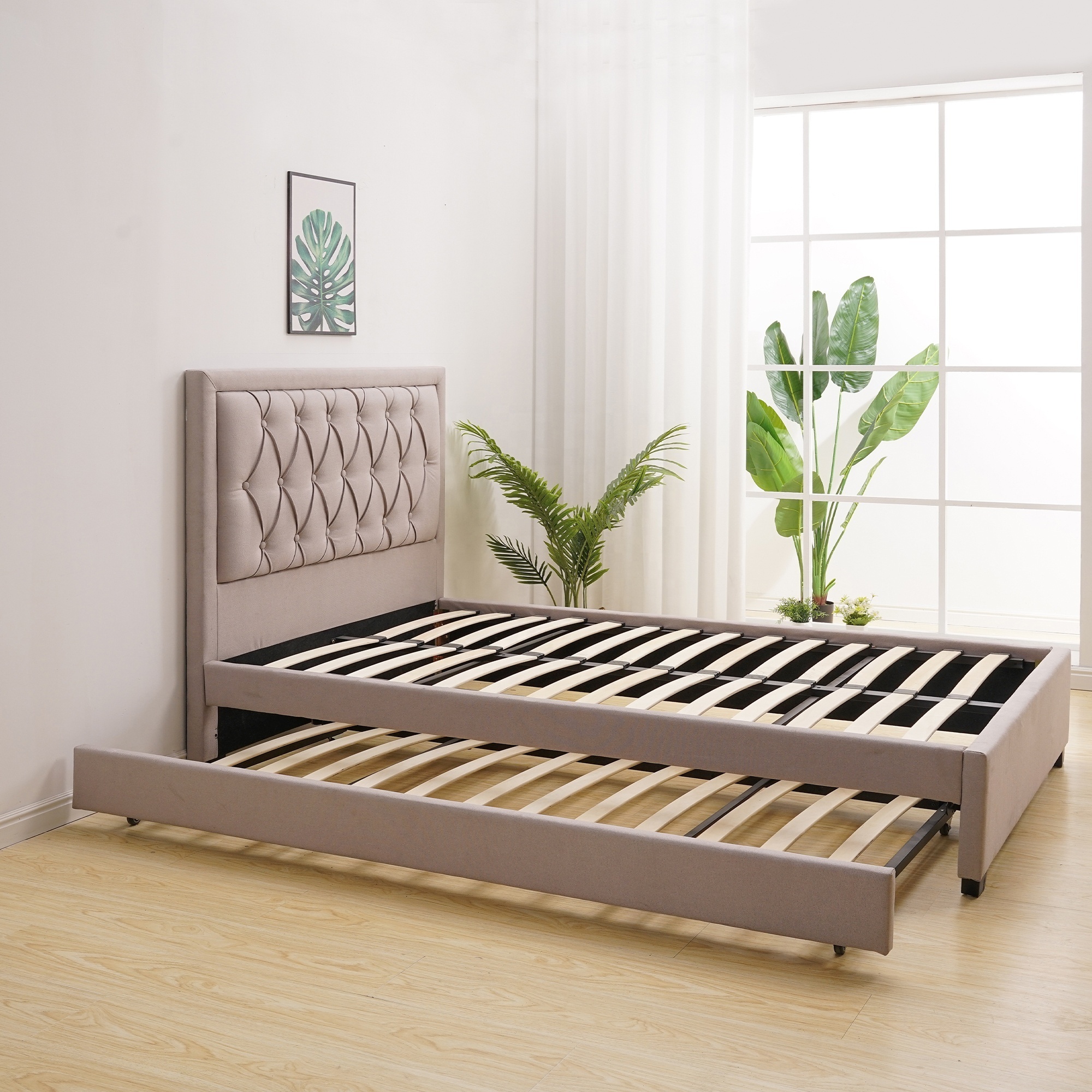 Latest Modern Bedroom Furniture Upholstery Tufted Beds with Foldable Trundle  in Queen King Size