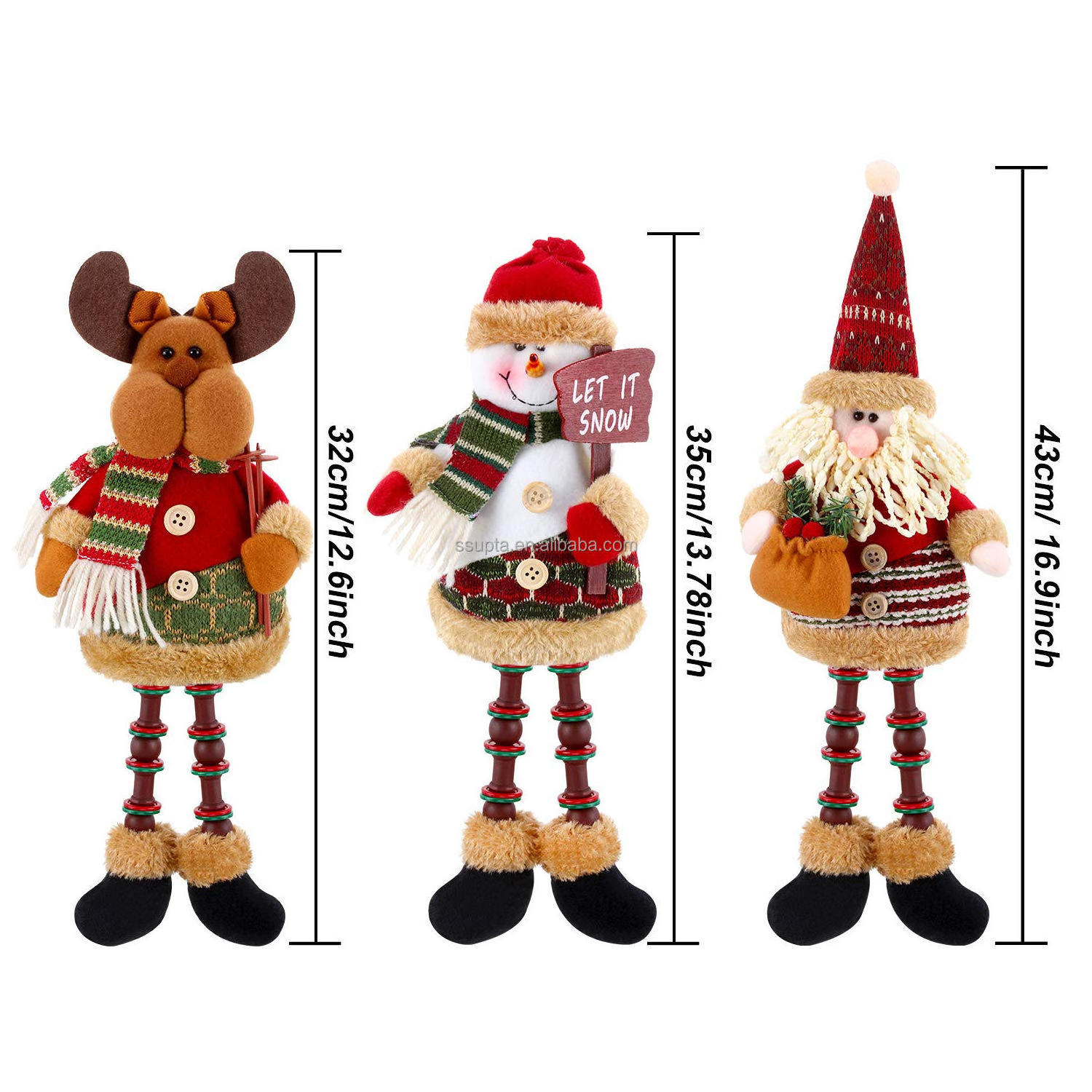 3 Pieces Christmas Sitting Santa Claus Snowman Reindeer Ornament Long Legs Table Fireplace Decor Home Decoration Figurines Plush