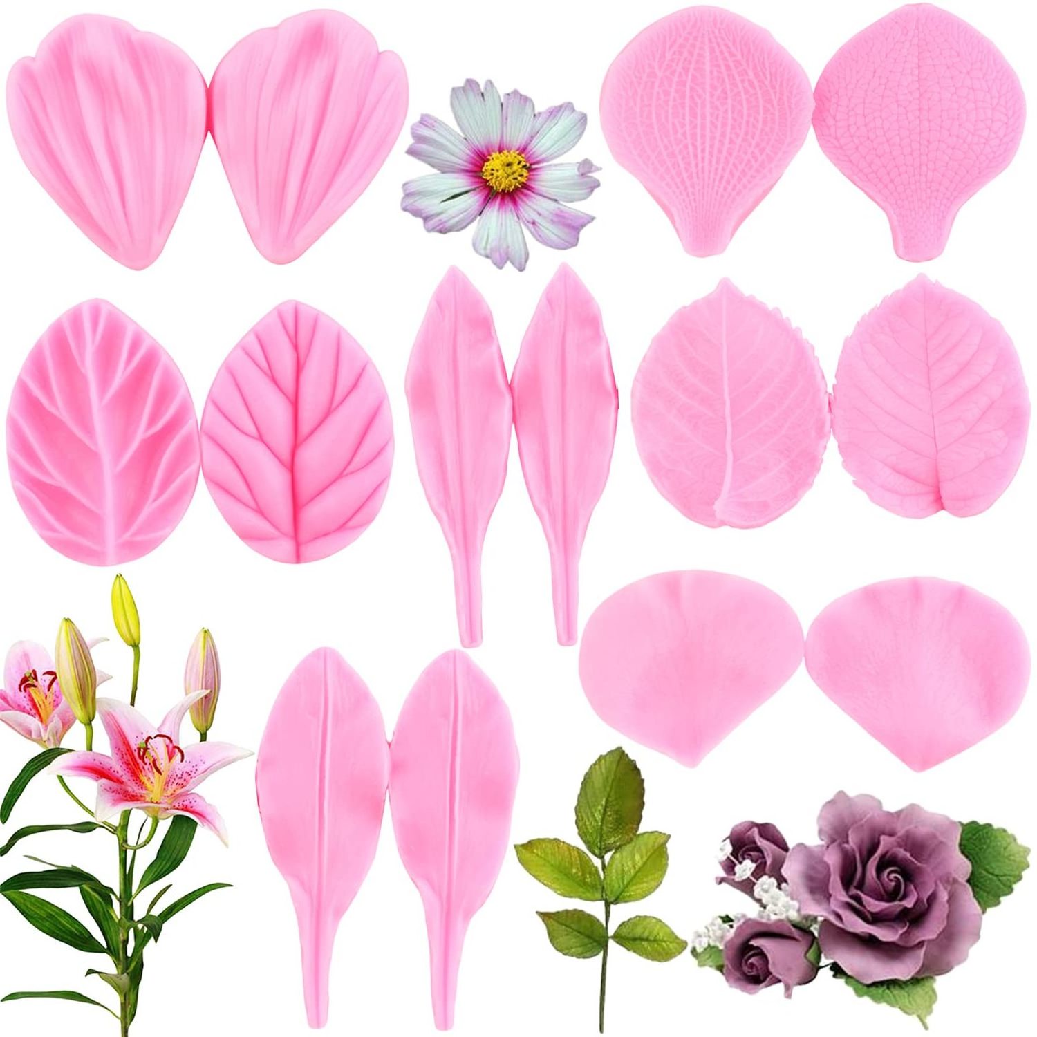 Gumpaste Flower Silicone Veining Rose Veined Fondant Gum Paste Peony Mold Plumeria Daisy Orchid Molds Sugar Craft Cake Clay Set