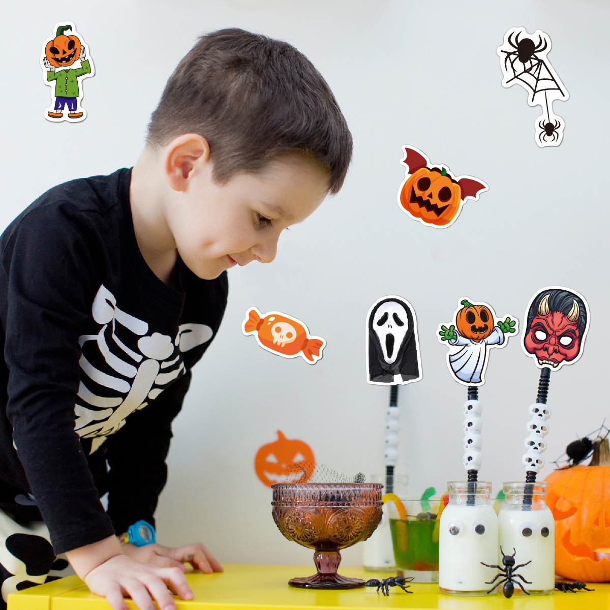 50pcs Mixed Halloween Themed Stickers Decals, Horror Pumpkin Bat Clown Witch Sticker Party Decorations