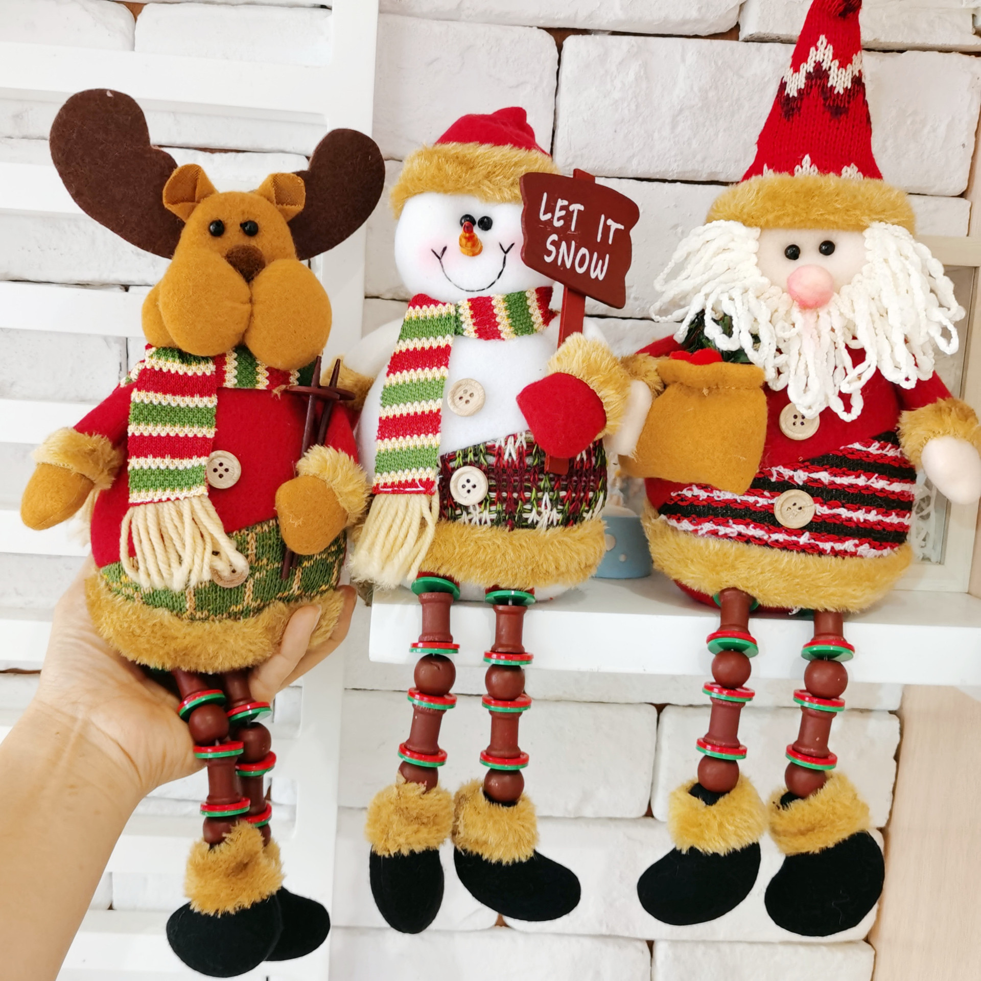 3 Pieces Christmas Sitting Santa Claus Snowman Reindeer Ornament Long Legs Table Fireplace Decor Home Decoration Figurines Plush