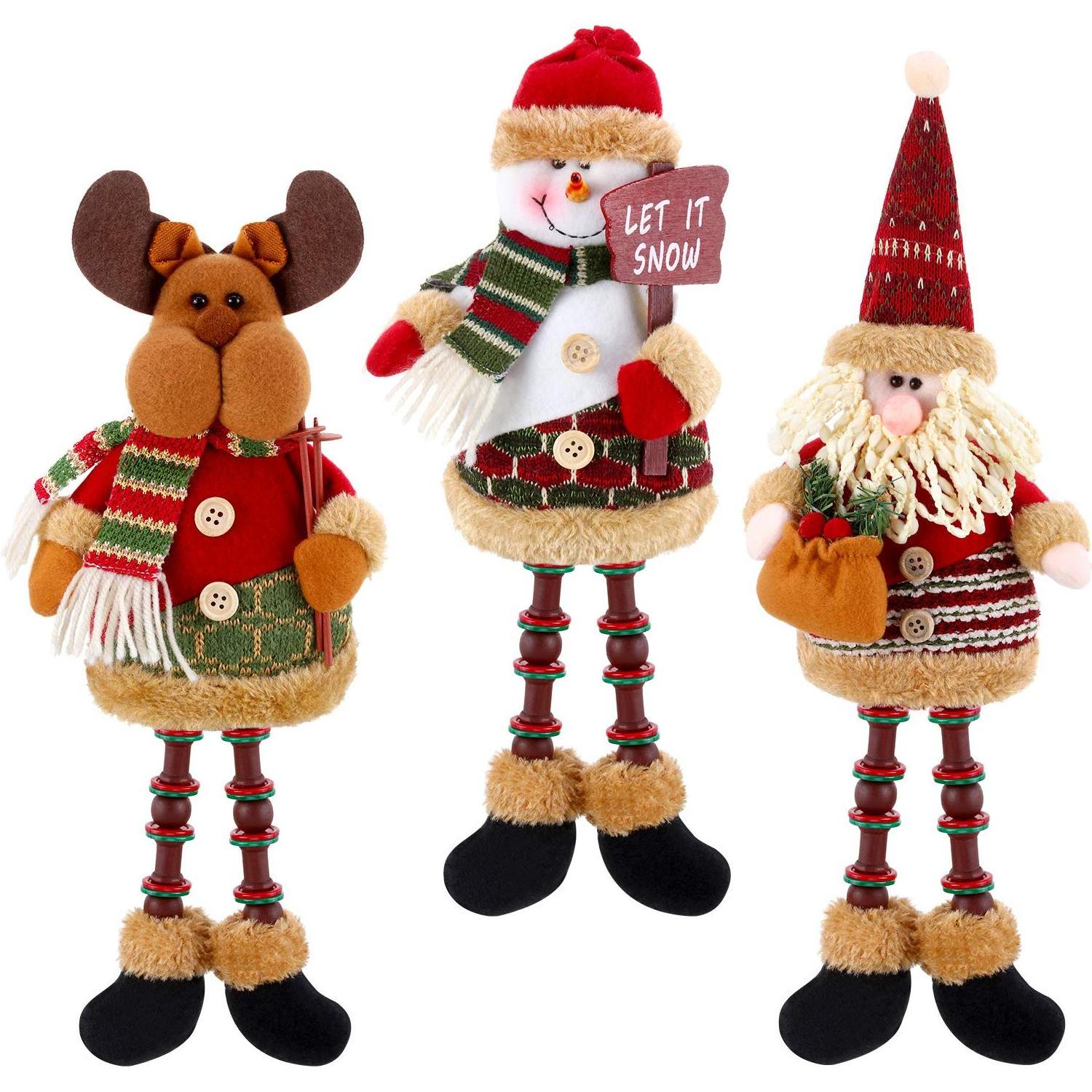 3 Pieces Christmas Sitting Santa Claus Snowman Reindeer Ornament Long Legs Table Fireplace Decor Home Decoration Figurines Plush