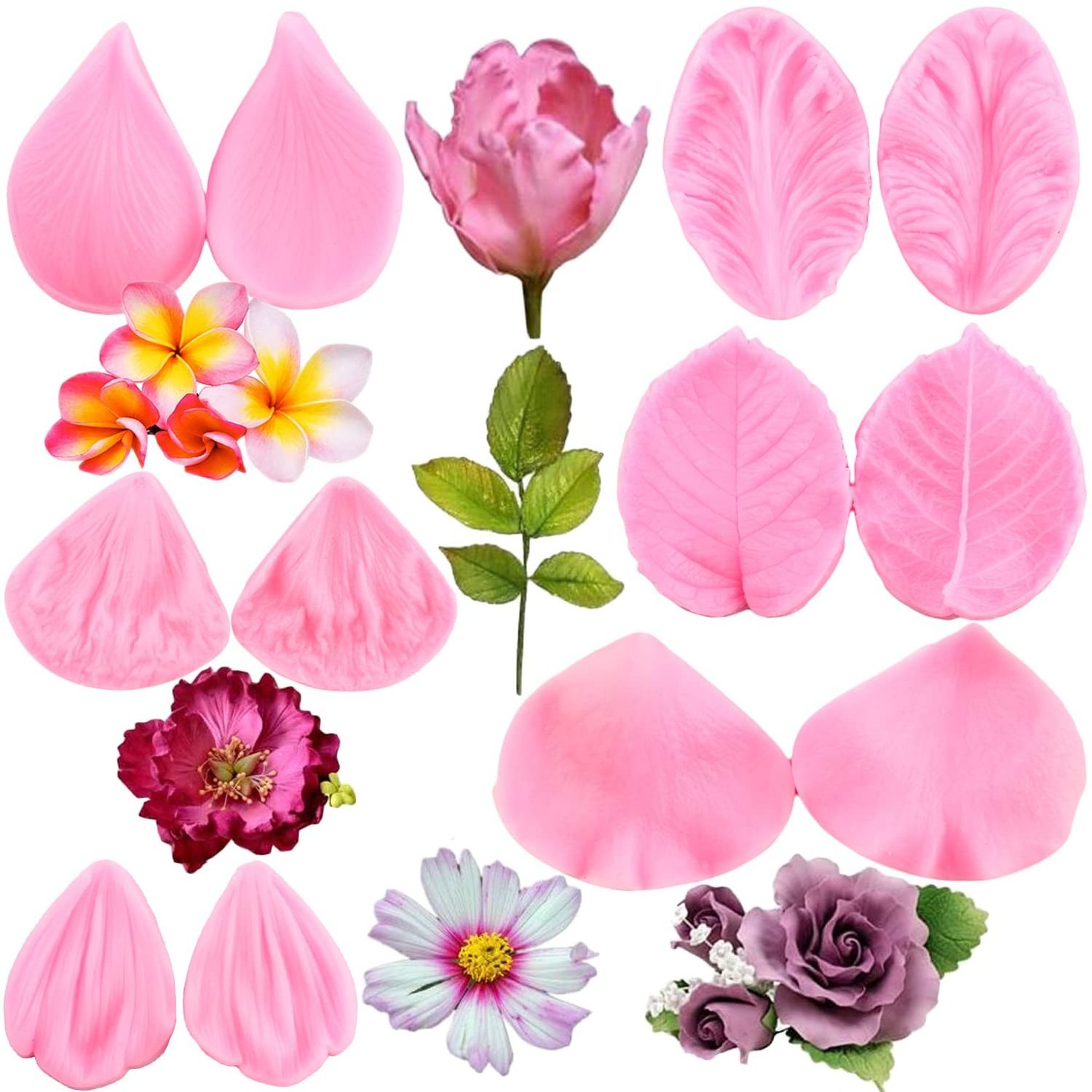 Gumpaste Flower Silicone Veining Rose Veined Fondant Gum Paste Peony Mold Plumeria Daisy Orchid Molds Sugar Craft Cake Clay Set