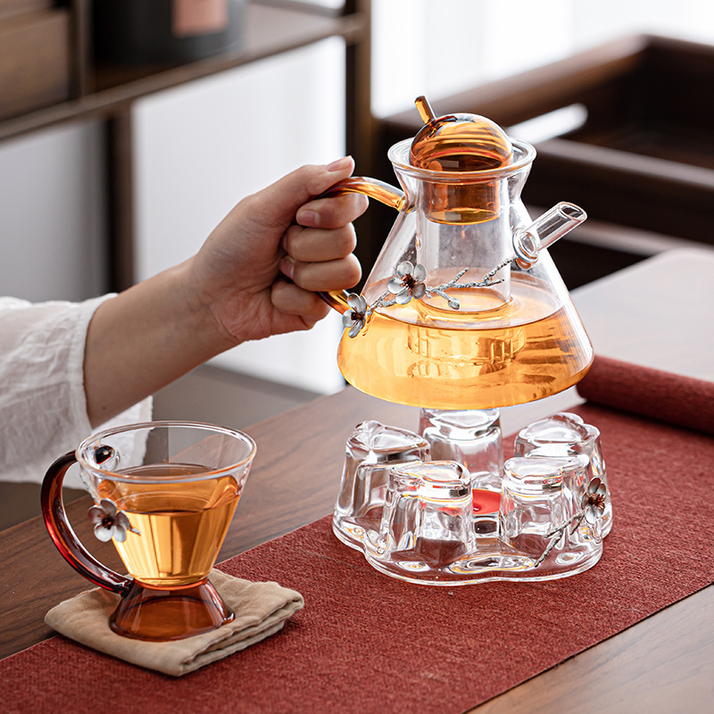 New Design Portable Bososilicate Glass Teapot Sets Tea Cup with Tea warmer