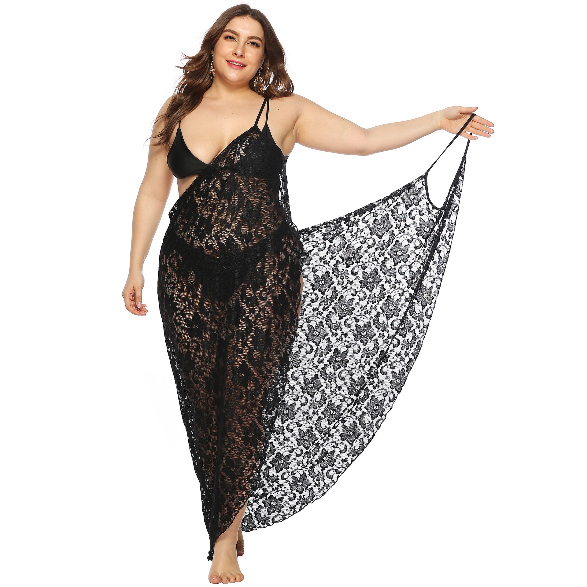 Factory Plus Size Women Sexy Summer Mesh Lace See Through Beach Wear Cover Up Wrap Dress Sarong