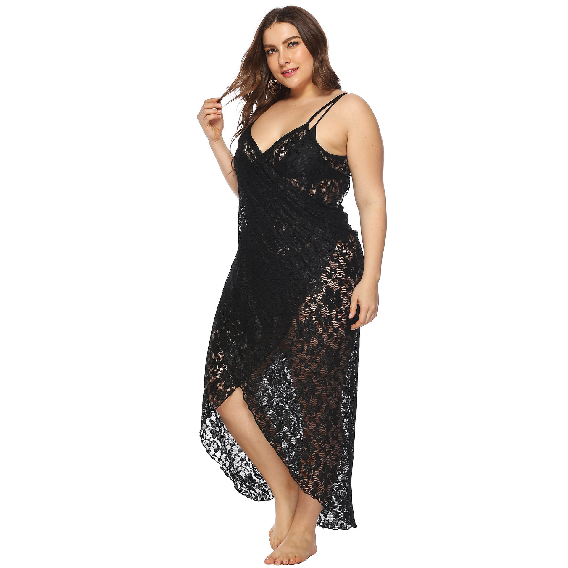 Factory Plus Size Women Sexy Summer Mesh Lace See Through Beach Wear Cover Up Wrap Dress Sarong