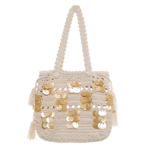 Factory Supply Beige Tote Bag Beach Crochet Handmade Bag with Glitter Tassel