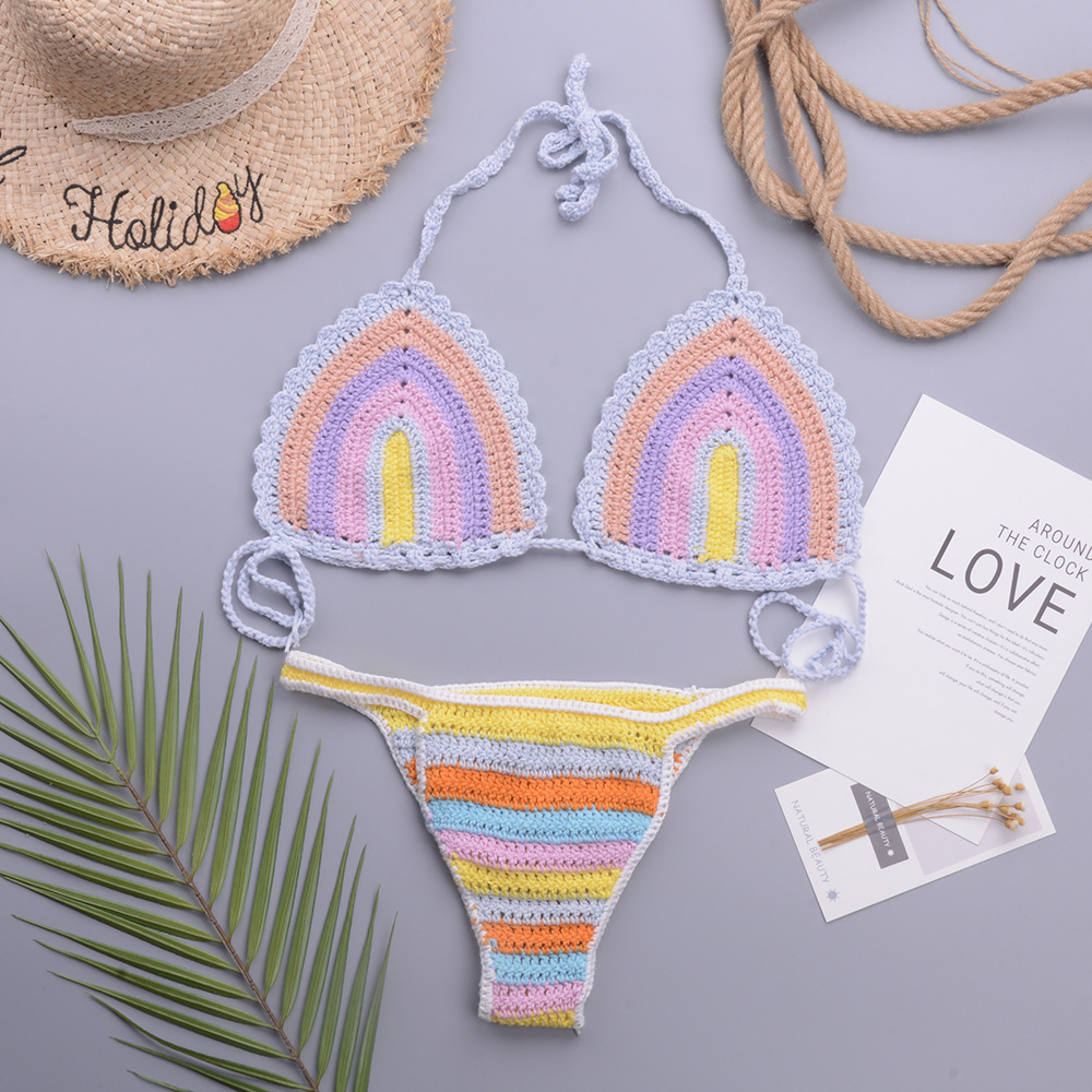 Two Piece Knitted Rainbow Crochet Bikini Set Halter Tank Top Bralette Bra Boho Cami Bikini for Women