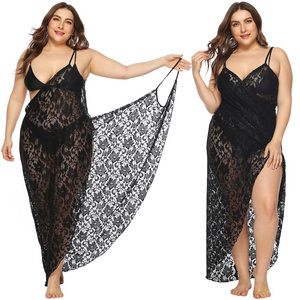 Factory Plus Size Women Sexy Summer Mesh Lace See Through Beach Wear Cover Up Wrap Dress Sarong