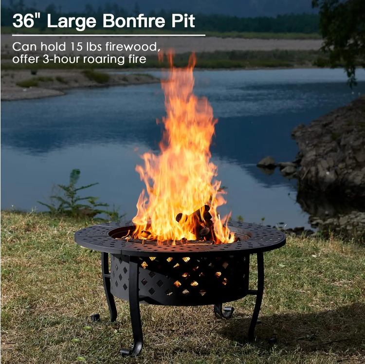 Custom 36 Inch Metal Round Table Wood Burning with 2 Grill and Lid Fire Pit for Backyard Patio Garden Picnic Camping Bonfire