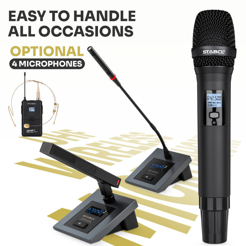 ST-804 Professional 4 channel UHF wireless microphone System with four handhelds headsets Dynamic Mic