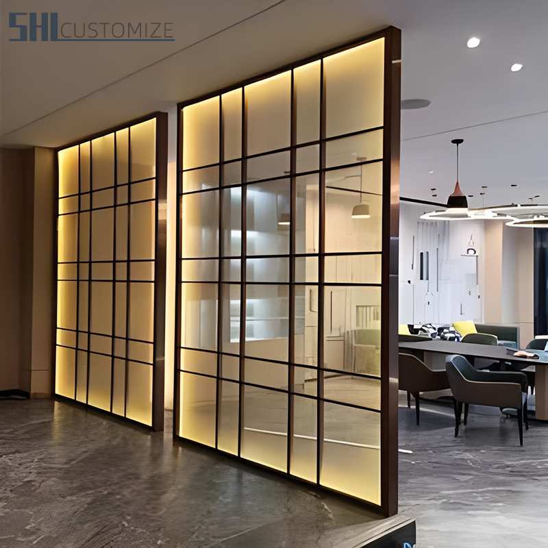 Modern Indoor Glass Screens & Room Dividers Glass Metal Decor Partition Stainless Steel Room Divider Framed French Doors