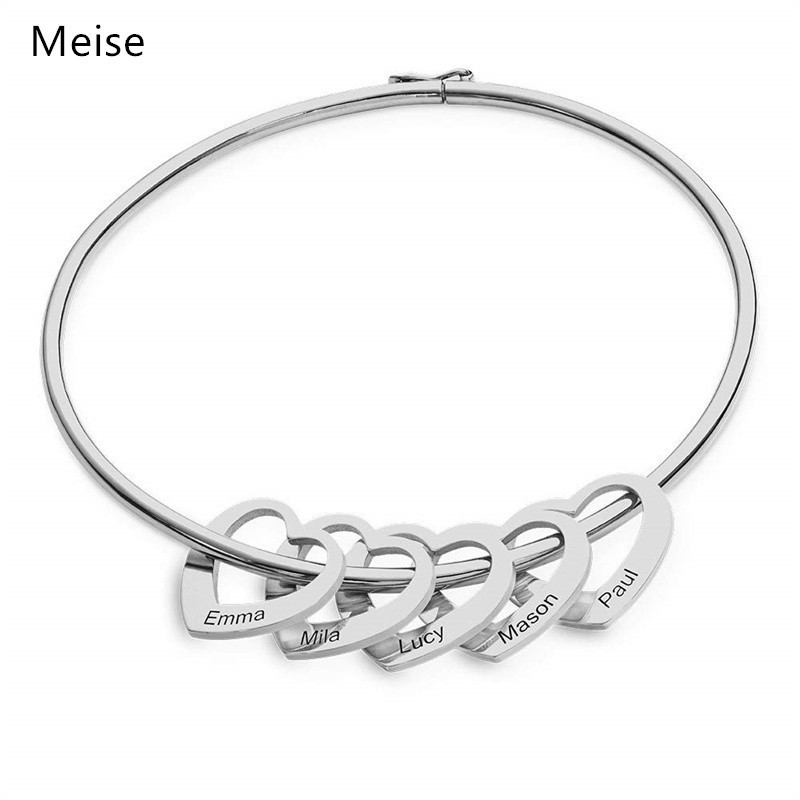 Yiwu Meise Personalized Bracelet with Heart Charm Custom Made Multiple Pendant Women Stainless Steel Engraved Bangle