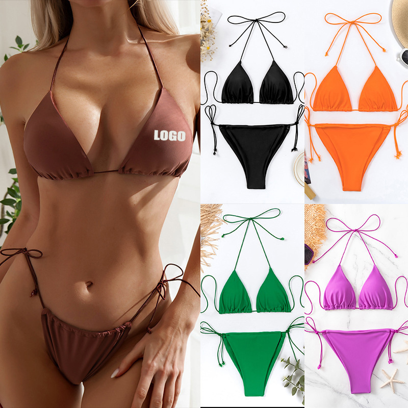 Custom Logo Swimsuit Women String Side Tie Extreme Micro Triangle Bikini With Private Label Simple Swimwear Beachwear