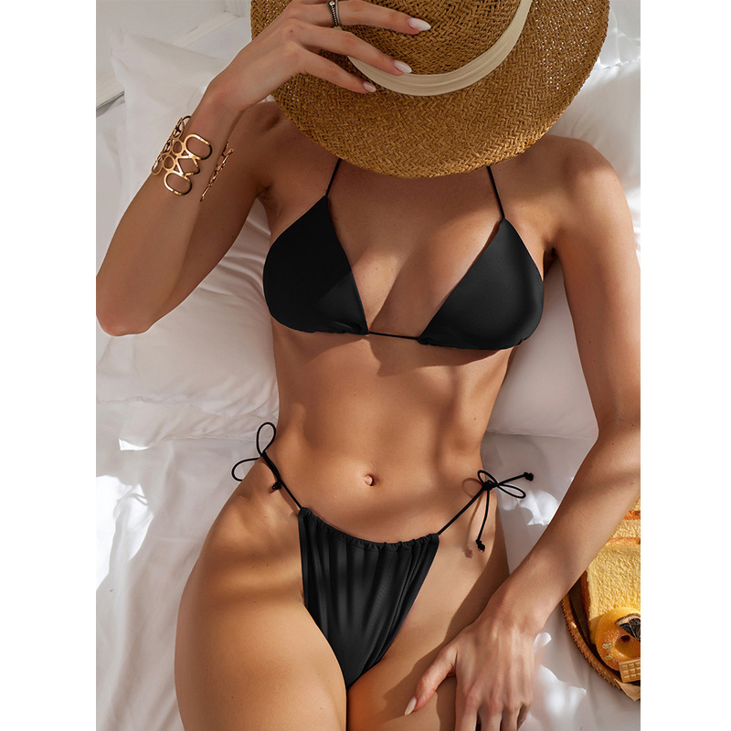 Custom Logo Swimsuit Women String Side Tie Extreme Micro Triangle Bikini With Private Label Simple Swimwear Beachwear